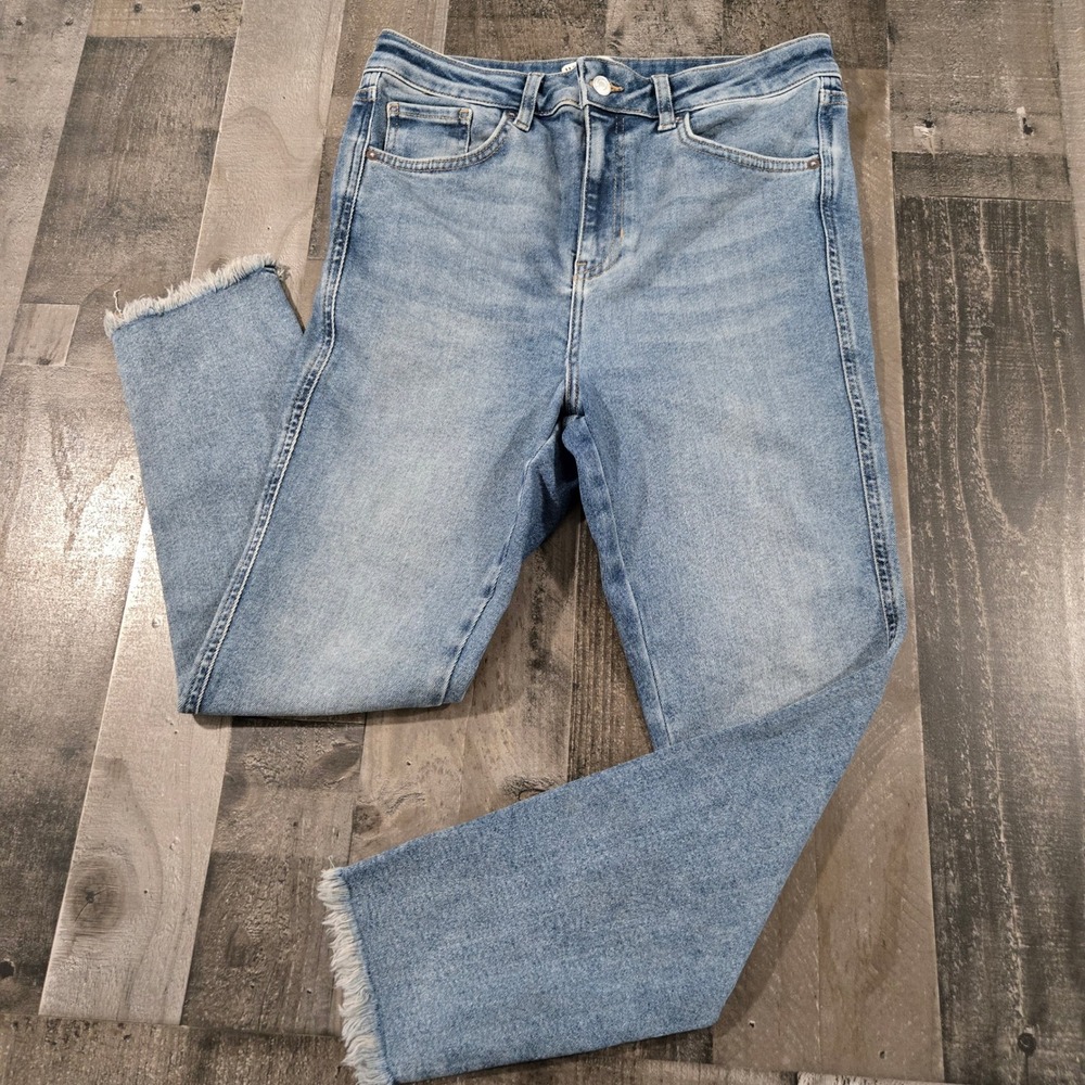 We The Free Free People High Rise Slim Straight Jeans Frayed Hem Light Wash 32S